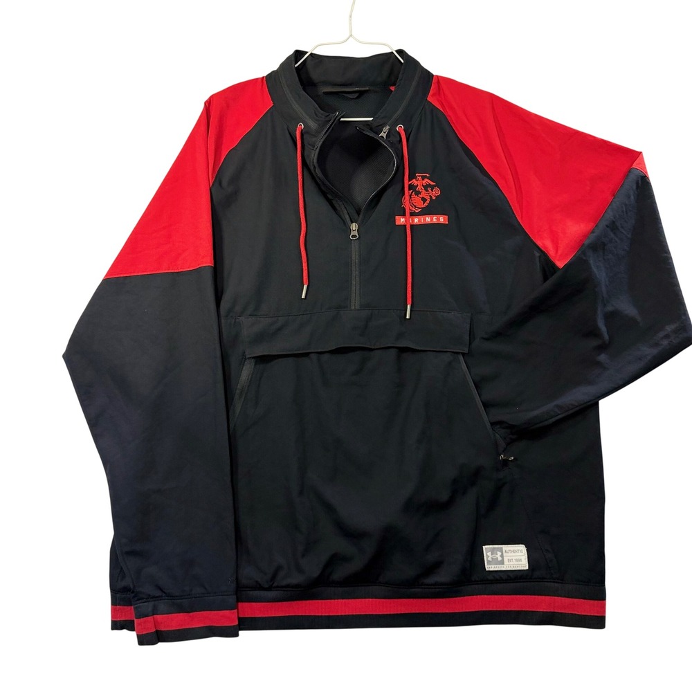 Under Armour US Marines Quarter Zip Windbreaker Jacket Black Red Mens 2XL Loose